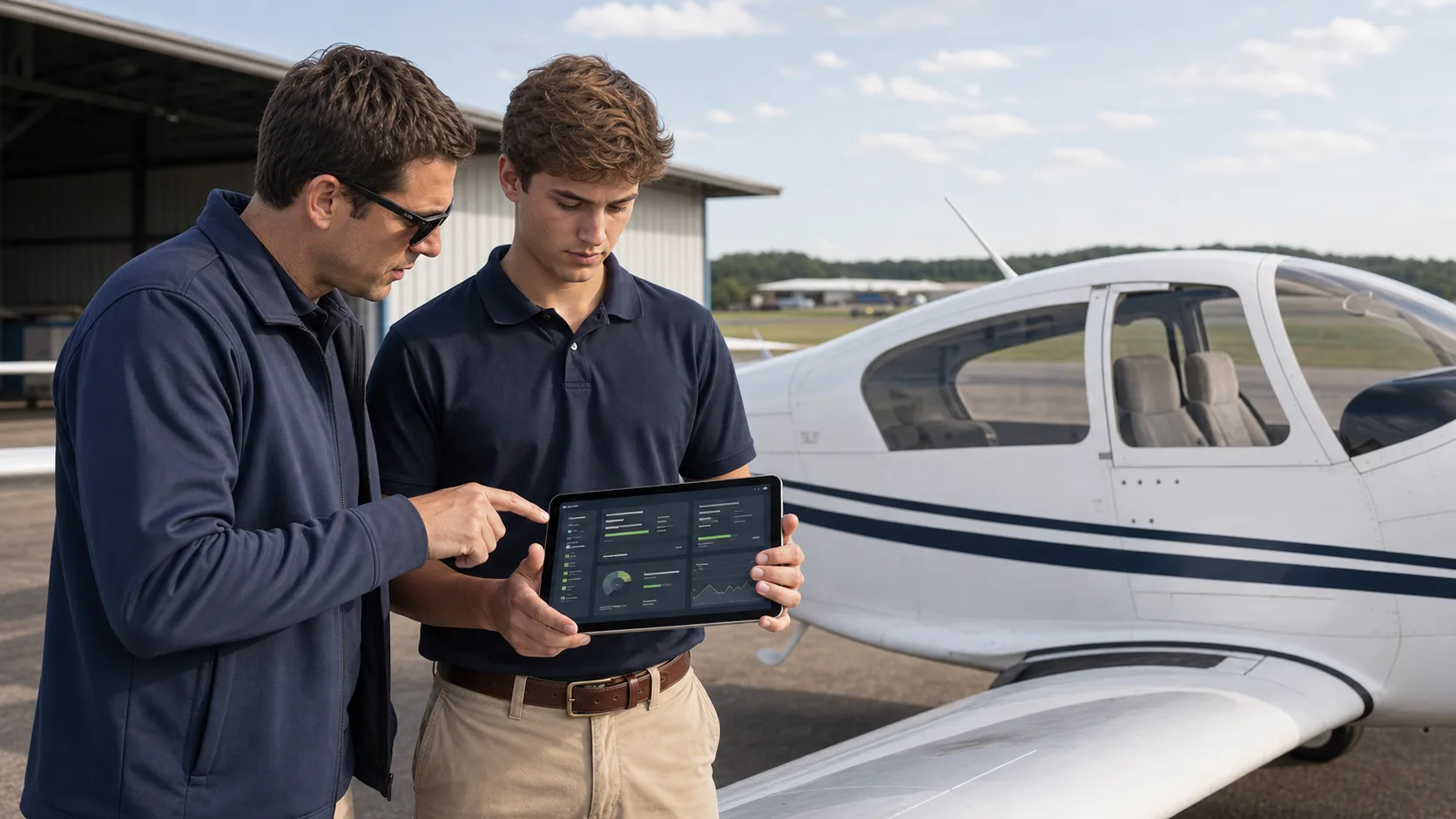 A CFI and student pilot reviewing a training summary on a tablet beside a trainer aircraft.