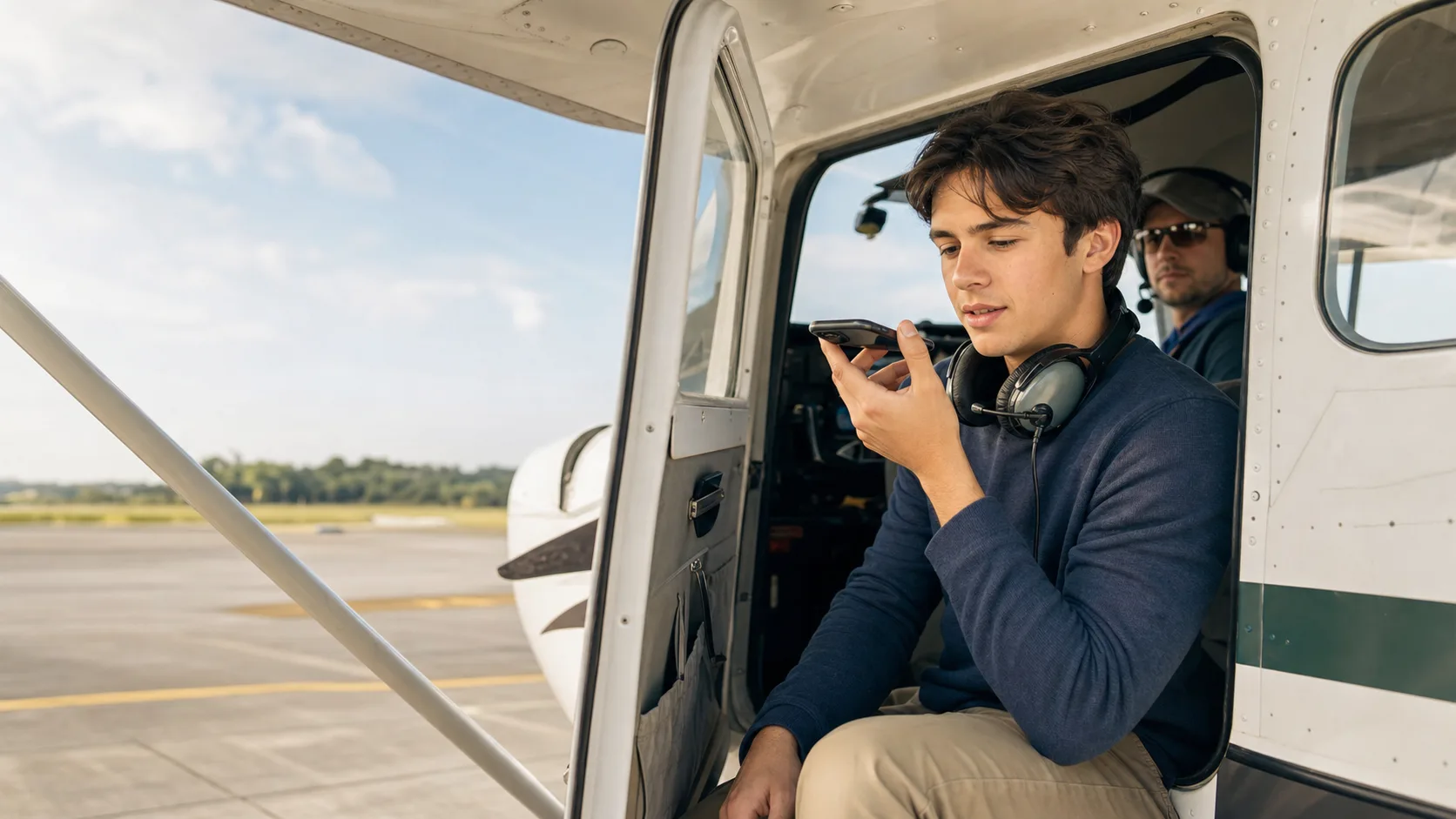 Student pilot recording a quick debrief on a phone after a training flight.