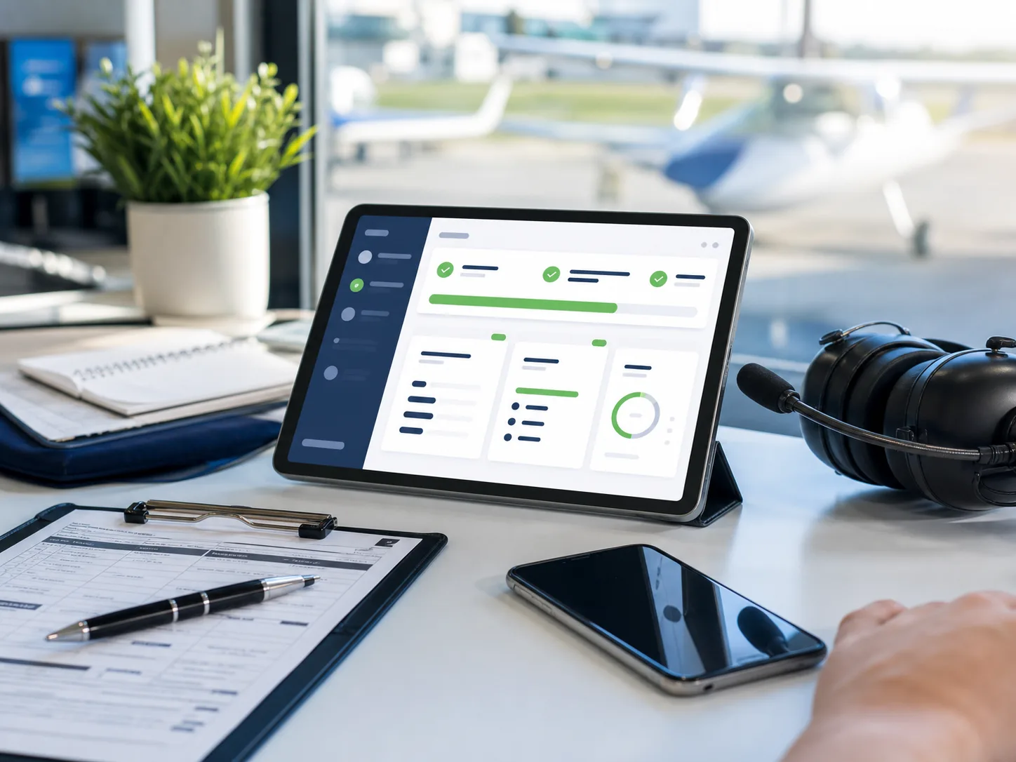 Tablet showing an abstract readiness dashboard beside a headset and training paperwork.