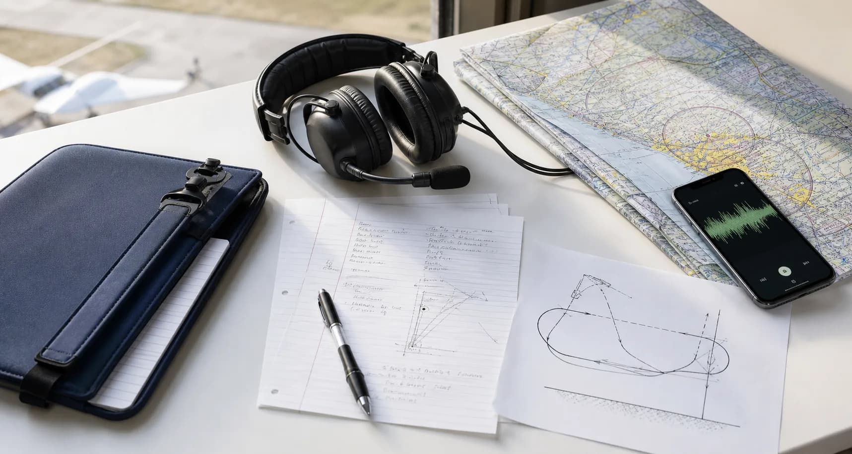 Headset, chart, lesson notes, and phone recorder scattered across a flight-school table.