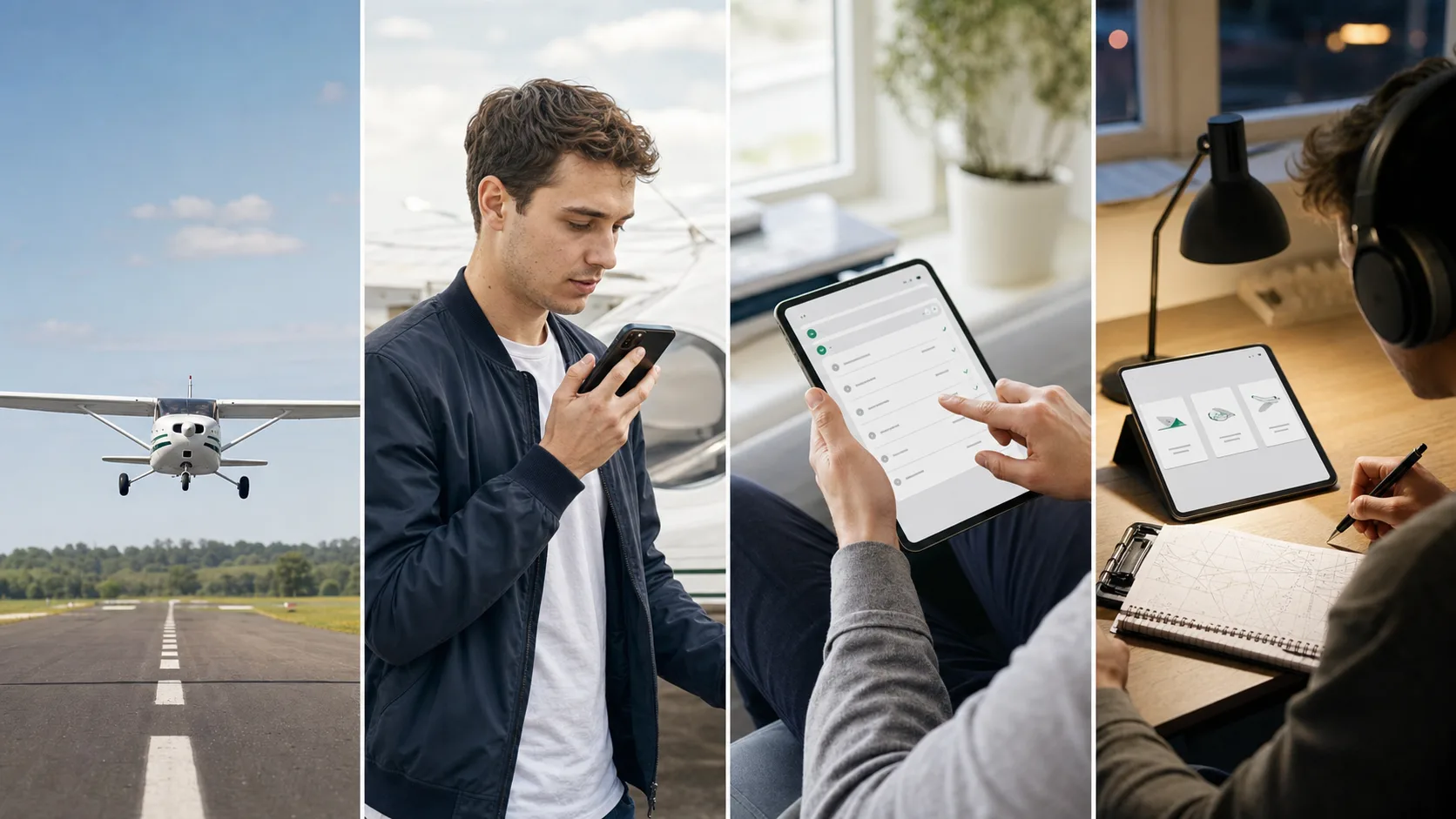 Four moments in a student pilot training loop: fly, record, review, and study.